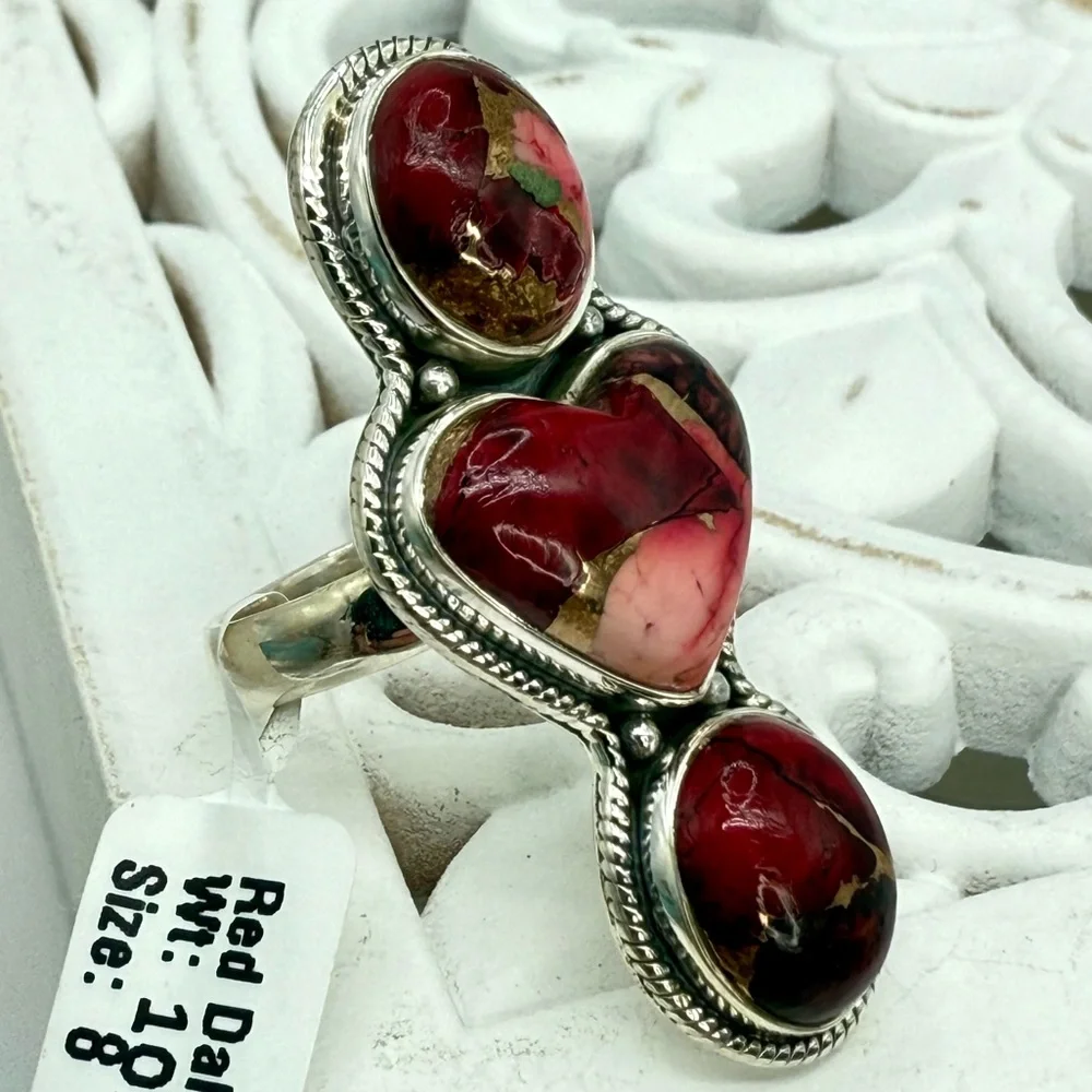 Sterling Silver Red Dahlia Turquoise Triple Stone Statement Ring – Size 8 (10.4g